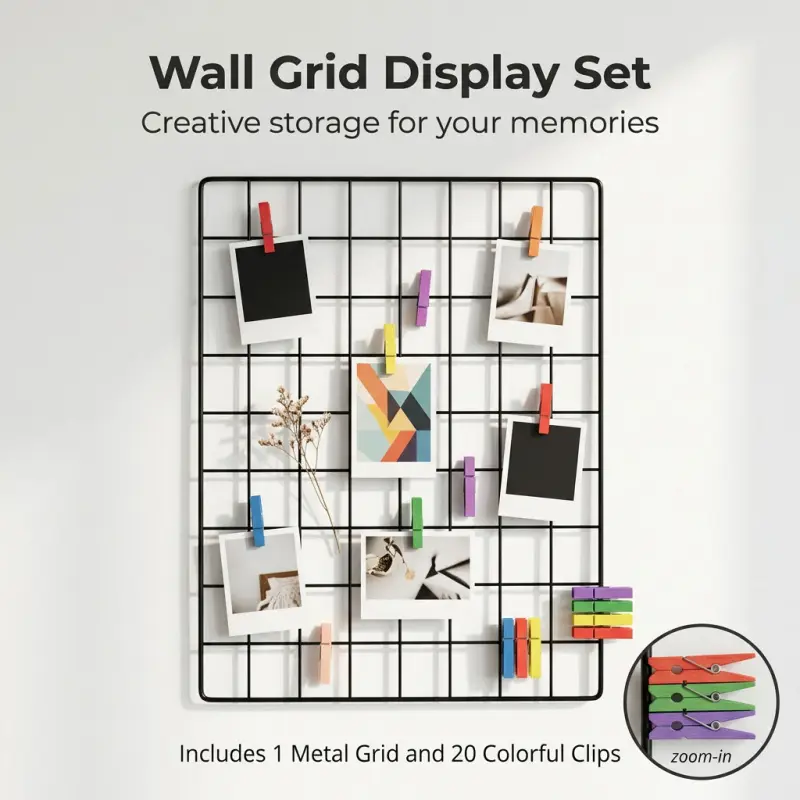 Wall Grid Display Set with 20 Colorful Clips, Metal Wire Photo Wall Grid Panel for Pictures, Cards & DIY Creative Room Decor