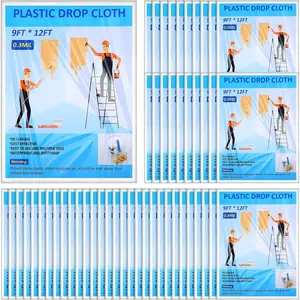 50 count Plastic Drop Cloths for Painting 9 x 12 ft  Drop Cloth  and Dust Proof Clear Plastic Sheeting for Furniture Cover Multi Purpose Floor Wall Protection Film