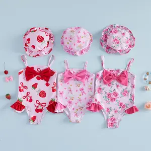 Toddler Girl Cami Swimsuit Sleeveless Floral/Strawberry Print Romper Swimwear with Hat