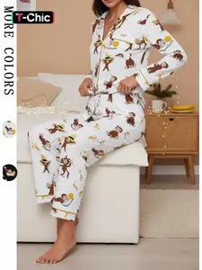 Cute Monkey Pajama Set Pjs for Women, Long Sleeve & Pants, Elastic Waist, Fit, Comfortable Christmas Gift, Fall Winter Home Wear Loungewear