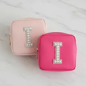 Personalized Initial Compact Bag | Pearl Letter Makeup Pouch | Travel Cosmetic Case | Custom Bridesmaid Gift | Mini Beauty Organizer