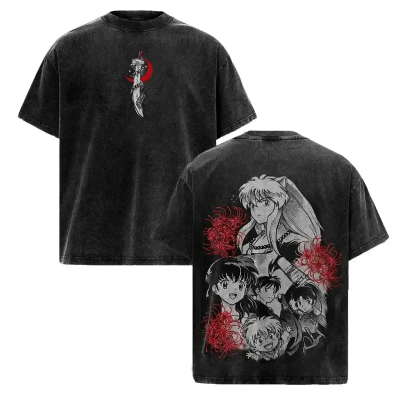 Men's Classic Oversized Vintage Washed Cotton Shortsleeve T-Shirt - Inuyasha Anime Kagome Sesshomaru Manga Graphic Apparel, Retro Y2K Japanese Anime Streetwear, Double Print Back Graphic Menswear Fan Tee