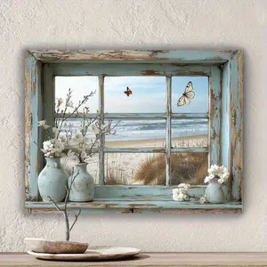 1 Piece Coastal Window View Canvas Wall Art - Country Style Green Wooden Frame, Living Room, Bedroom, Office, Cafe Ready-to-Hang Seascape Oil Painting - Modern Farmhouse Beach Home Decor - Vintage Window Board Design Canvas Print, Office Artwork, Tranquil