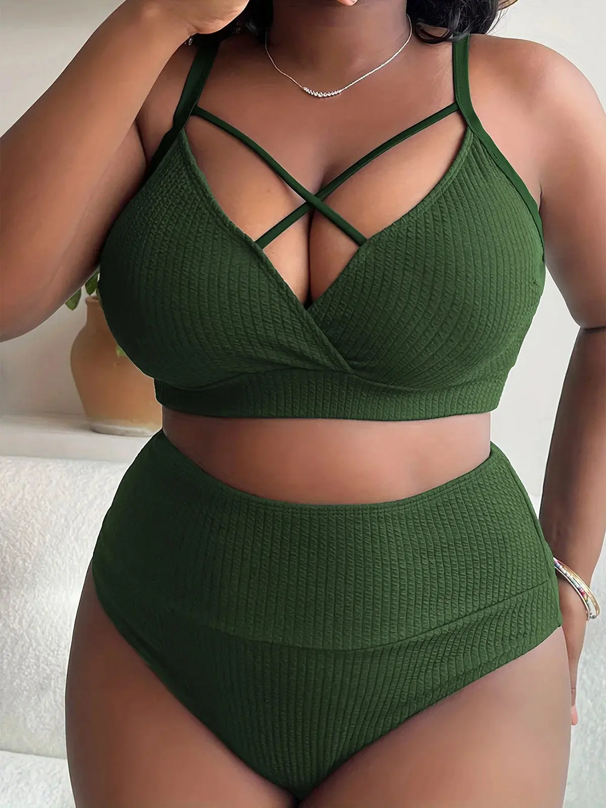 Women’s Plus Size Ribbed Female Bikini Set - High Waist, Crisscross Top, Stretch Polyester Blend, 1XL-4XL, Cruise-Ready