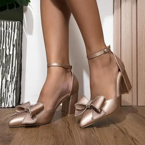 Women's Pointed Toe Block Heel Pumps, Champagne Satin Shoe with a Sparkly Rhinestone Bow & Ankle Strap for Formal Wedding Events