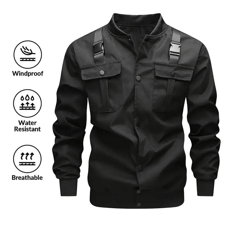 Men's Tactical Cargo Bomber Jacket - Menswear with Buckle Straps, Classic Fabric, Subtle Print, Windproof, Water-Resistant, Breathable, Multi-Pocket Military Utility Coat for Casual Streetwear Vibe
