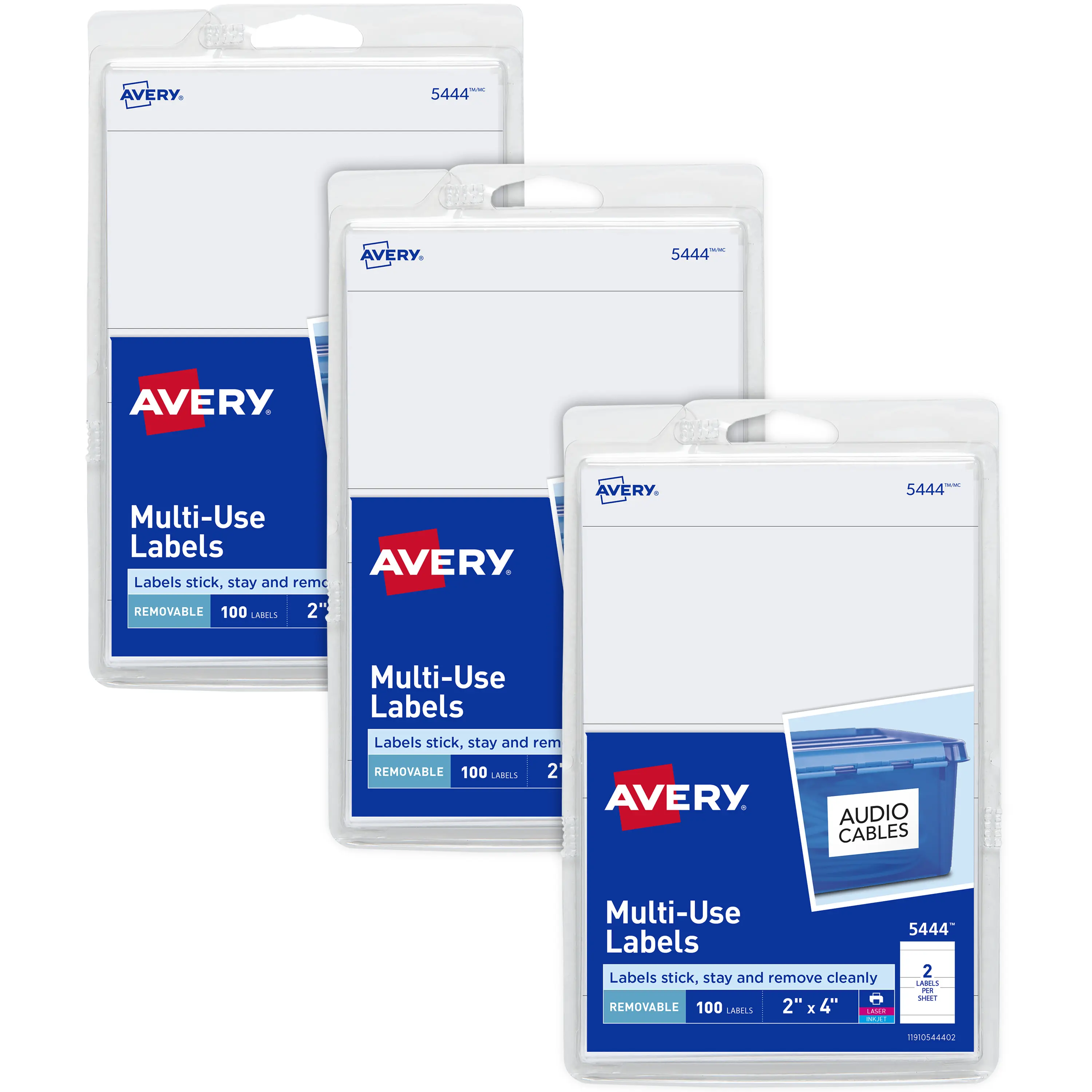 Avery Printable All-Purpose Removable Labels, 2" x 4", White Labels, 3 Packs, 300 Customizable Blank Labels Total (22283)