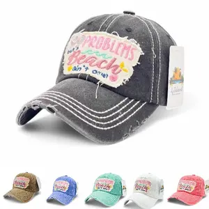 "99 Problems But Beach ain't one Vintage" Distressed Embroidered Baseball Cap  - 100% Cotton, Breathable, Casual, Adjustable, UV Protection