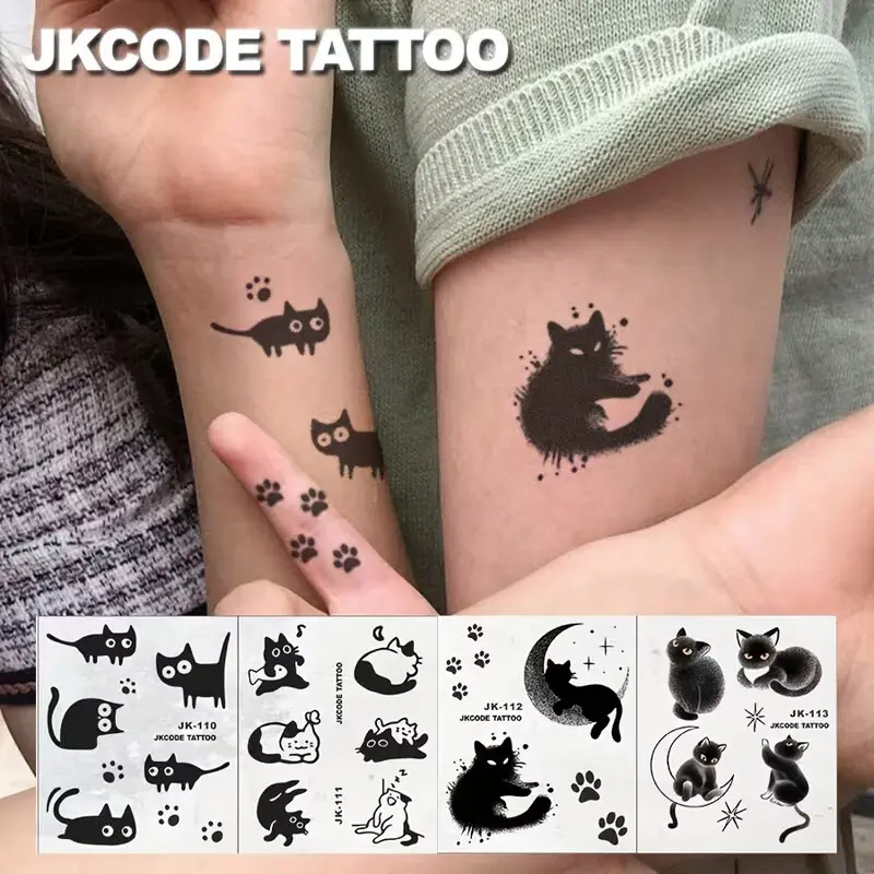Black Cat Temporary Tattoos, Kawaii Lucky Cat Body Art Stickers, Japanese Style Waterproof Hand Foot Tattoos, Cute Halloween Party Accessories