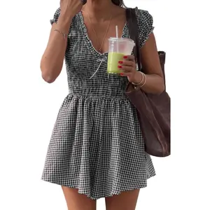 Womens Summer Gingham Rompers V Neck Puff Sleeve Smocked Wide Leg Plaid Shorts Dressy Jumpsuits