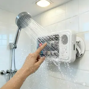 2-in-1 Waterproof Shower Phone Holder with Bluetooth Speaker, 360° Rotation Anti-Fog Touch Screen Wall Mount Case, Bathroom Phone Box for Music & Movies, Fits All Smartphones