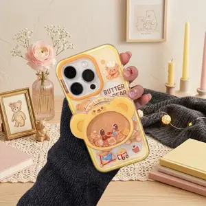 Cute Bear Shaker Phone Case with Stand Kawaii Quicksand Glitter Cover Aesthetic Bear Grip Holder Case for iPhone Gift for Her Women Girls