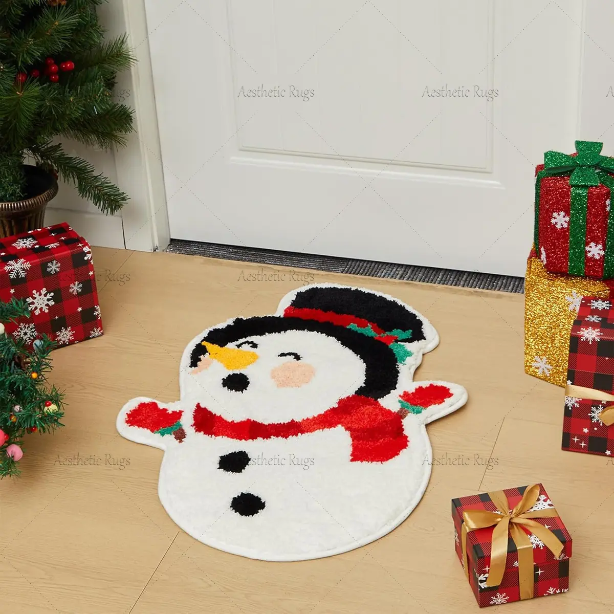 Plush Bath Mat Christmas Kitchen Bathroom Rug, Cute Cartoon Snowman Design, Soft Absorbent Carpet for Winter, Ideal for Bedroom & Hallway