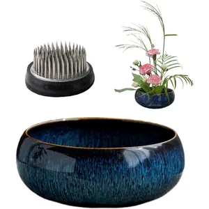 Bowl Planter Kit - Japanese Compote Bowl Ikebana Vase Set w/ 1.8" Floral Frog Ideal for Ikebana, Flower Arrangement & Hydroponic Planting (Blue)