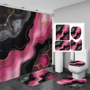 4PCS Abstract style marble like pattern in pink black and gold Shower Curtain Set with Rugs, Non Slip Bath Mat, U-Shape Carpet, Toilet Lid Cover, Polyester Fabric Bathtub Curtain Accessories, 12 Hooks, Home Bathroom Festival Decor, Shower Essentials