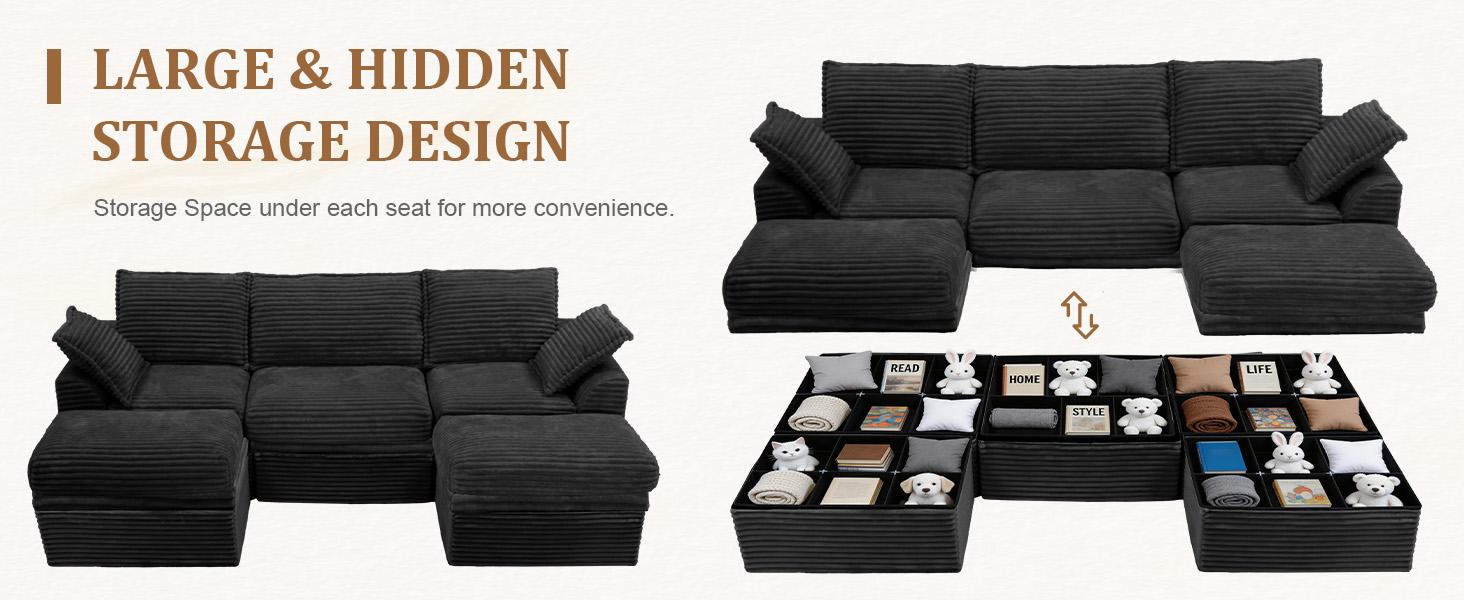 【2-4 Packages Shipping】NABUMI 142” Oversized Modular Sectional Sofa with Storage, Extra Deep&High Seat Corduroy Cloud Couch, Ergonomic Memory Foam Sofa, Comfy Fluffy, Free Combination, with Ottomans, Tool-Free Assembly, Black, Beige, Dark Gray, Green