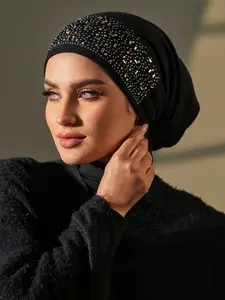 Women's Stretchy Plain Color Modal Fabric Hijab Cap, Soft Comfort Fit Headwear, Elegant Contrast Sequins Design, All-Season Wear Turban Hijab