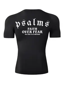 Men's Psalms Letter Print Short Sleeve Compression Shirt, Gym Workout Running Sporty T-Shirt, Summer Quick-Dry Breathable Round Neck Tees Tops, Tight-Fit Baselayers Undershirts Rash Guard Activewear Sportswear