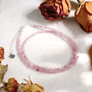 Natural Genuine Kunzite Faceted 2mm Tiny Beads Choker Healing Purple Crystal Dainty Minimalist Necklace Gift