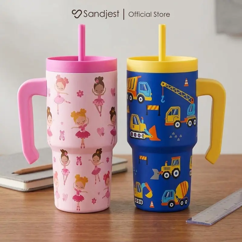 SANDJEST Colorful Kids 20oz Stainless Steel Tumbler with Silicone Straw Lid and Half Handle, Double-Wall Insulated Reusable Cup, Back-to-School for Toddler Girls Boys, Birthday Gift