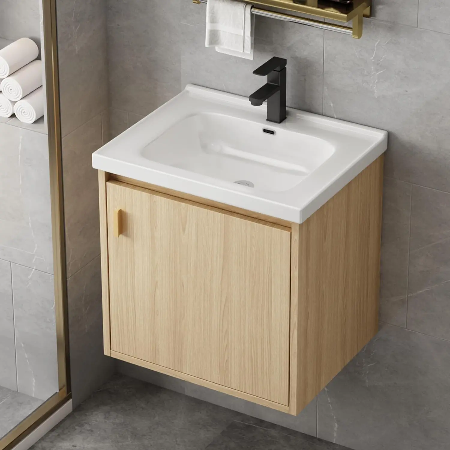 20'' Wall-Mounted Modern Floating Bathroom Vanity with Sink Combo - Small Bathroom Solutions, Soft-Close Door Cabinet, Pop-Up Drain, P-Trap Included, Walnut (No Faucet)