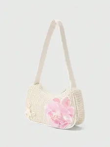 Bohemian Style Straw Shoulder Bag, Handmade Beaded Sequins Hibiscus Shell DIY Decor, Handcrafted Bag, Perfect for Vacation/daily Use, All Seasons