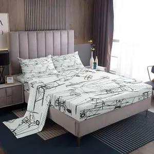 Feelyou Aircraft Pattern Bedding Sheet Set - Decorative Bedsheet Sets with Deep-Pocket Fitted Sheet, Grey and White Plaid Grid Design, Flight-Themed Room Decor