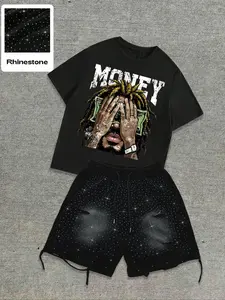 This men's casual Graphic T-shirt and shorts Matching set features rhinestones and distressed details, making it a stylish streetwear outfit suitable for all seasons.