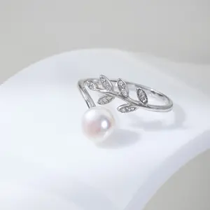 EAMTI 925 Sterling Silver Pearl Rings Leaf Laurel Adjustable Branch Rings White Fresh Water Pearl Rings Open Cubic Zirconia Engagement Rings for Women