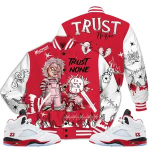 Retro Fire Red Varsity Jacket Trust No One Broken Heart Barbed Wire Print Oversized Outerwear For Men Women Fall Spring Sports Casual Loose Fit Clothing