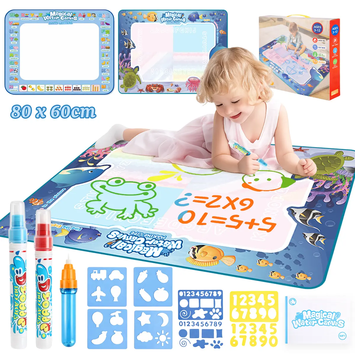 Kids'Water Drawing Mat, Reusable Mess-Free Doodle Painting Mat with Magic Water Pen, Educational Learning Toy for Boys & Girls Ages 3-7, Perfect Birthday & Holiday Gift