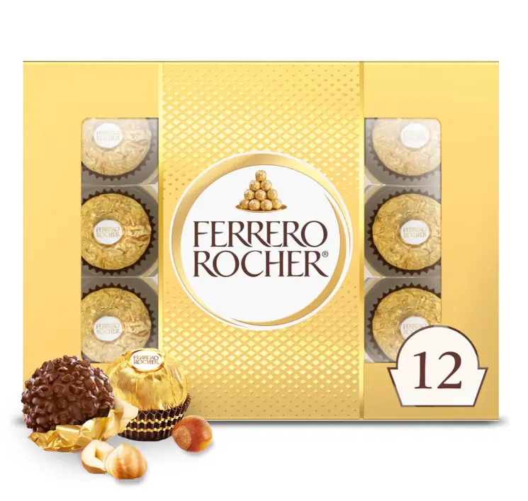 Ferrero Rocher Gourmet Hazelnut Milk Chocolate Valentine's Day Gift Box, 12 Individually Wrapped Chocolates for Gifting, 5.3 oz