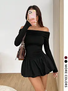 Solid Off Shoulder Long Sleeve Ruched Mini Dress ，Elegant Backless Bubble Hem Bodycon Dress for Women ，Y2K Streetwear Party Clubwear，Aesthetic Coquette Off-Shoulder Bubble Dress ，Long Sleeve Ruched Bodycon Mini ，Trendy Fall Fashion Y2K Party Outfit