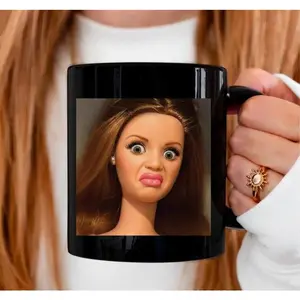 Funny Doll Face Black Mug, Disgusted Meme Coffee Cup, Sarcastic Reaction Gift, Weird Humor Tea Cup, Unhinged Meme Mug