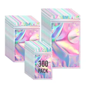 Mylar Holographic Bags 300 Pack 3 Sizes Resealable Clear Window Smell Proof Zipper Foil Pouches for Food Storage & Sample Organiser Black
