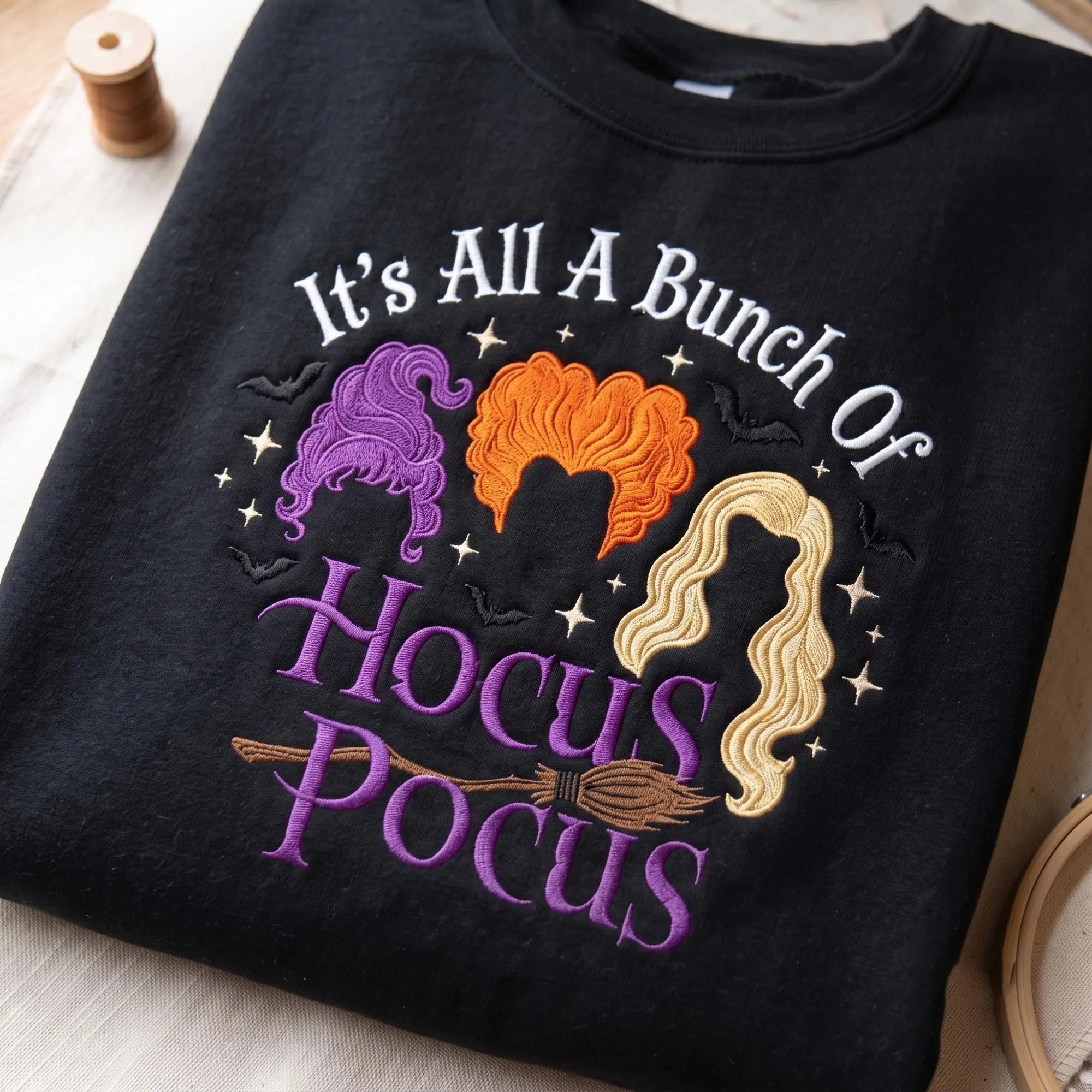 It's All A Bunch of Hocus Pocus Embroidered Sweatshirt, Witch Sisters Halloween Crewneck, Halloween Shirt, Spooky Season Halloween Crewneck VuPot