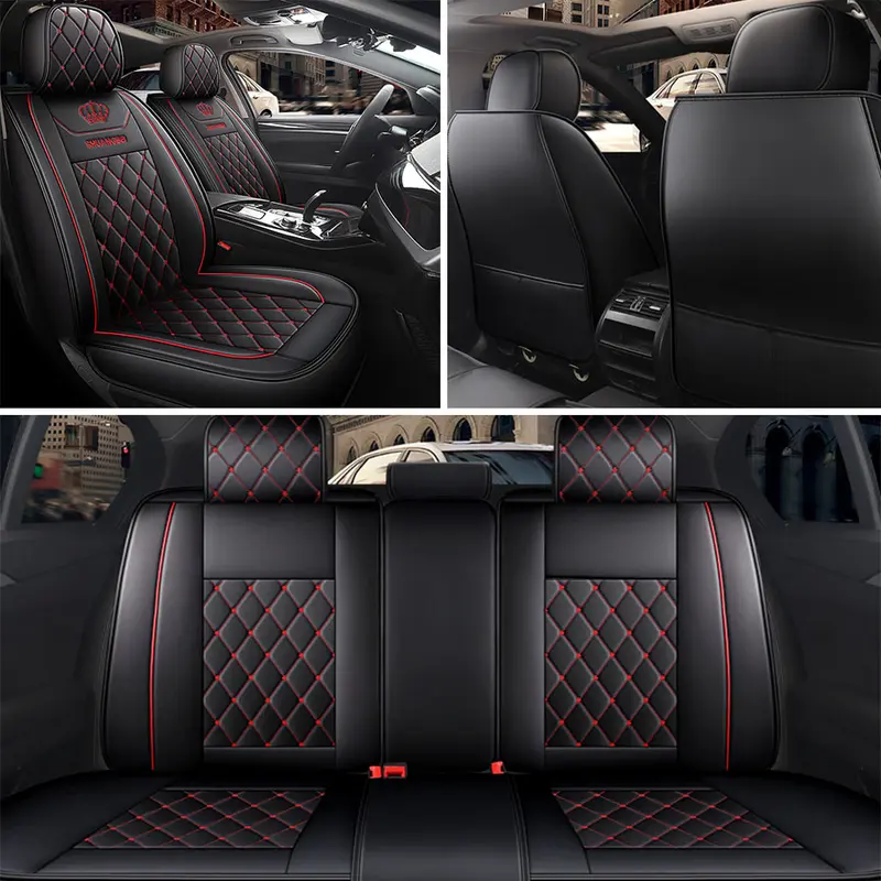 Waterproof Leather Car Seat Covers with Red Stitching and Diamond Pattern for Enhanced Protection and Style