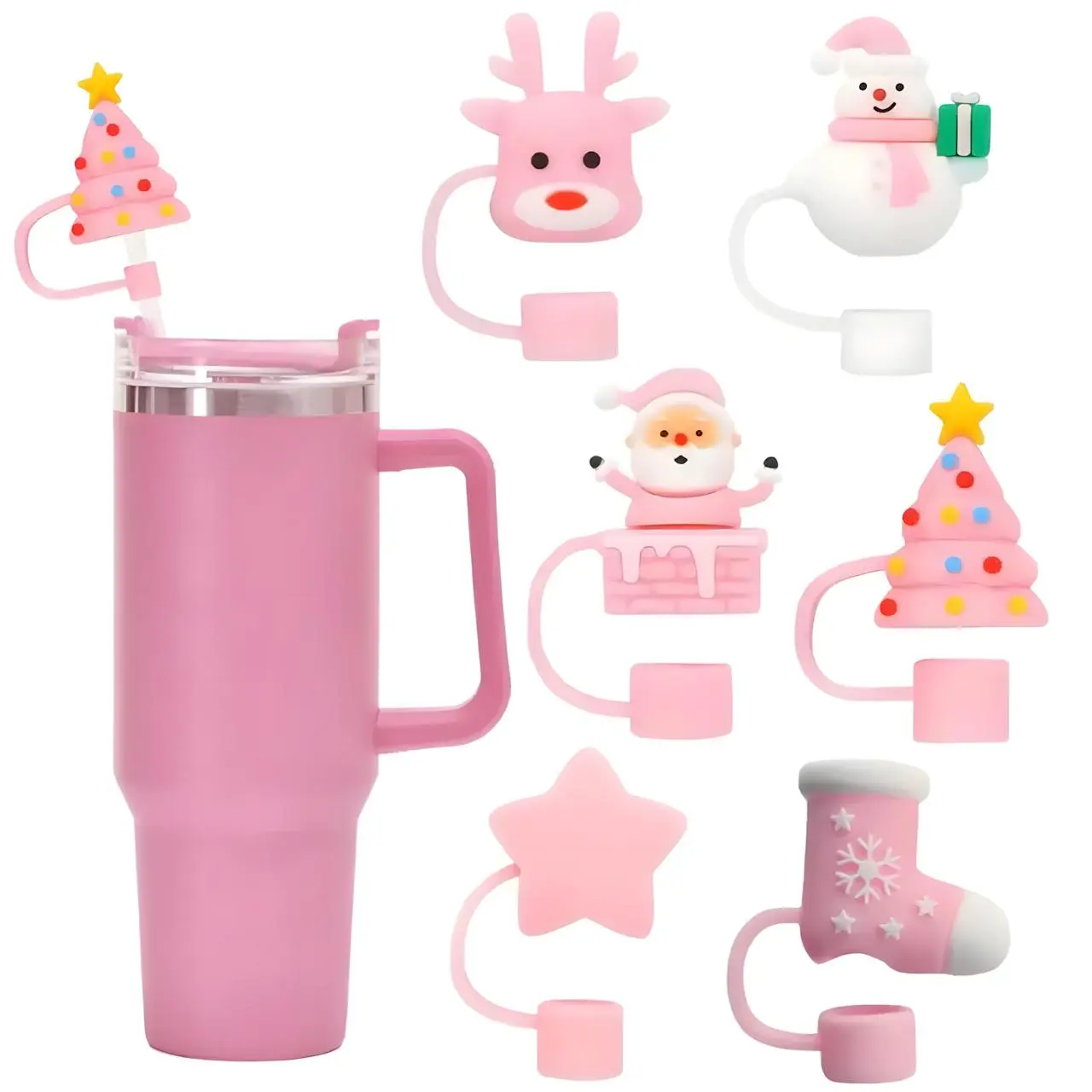 Christmas Theme Straw Caps Set, Reusable Holiday Drink Covers for 30 & 40oz Bottles, Fits 9-10mm Straws, Cute Christmas Gift Idea