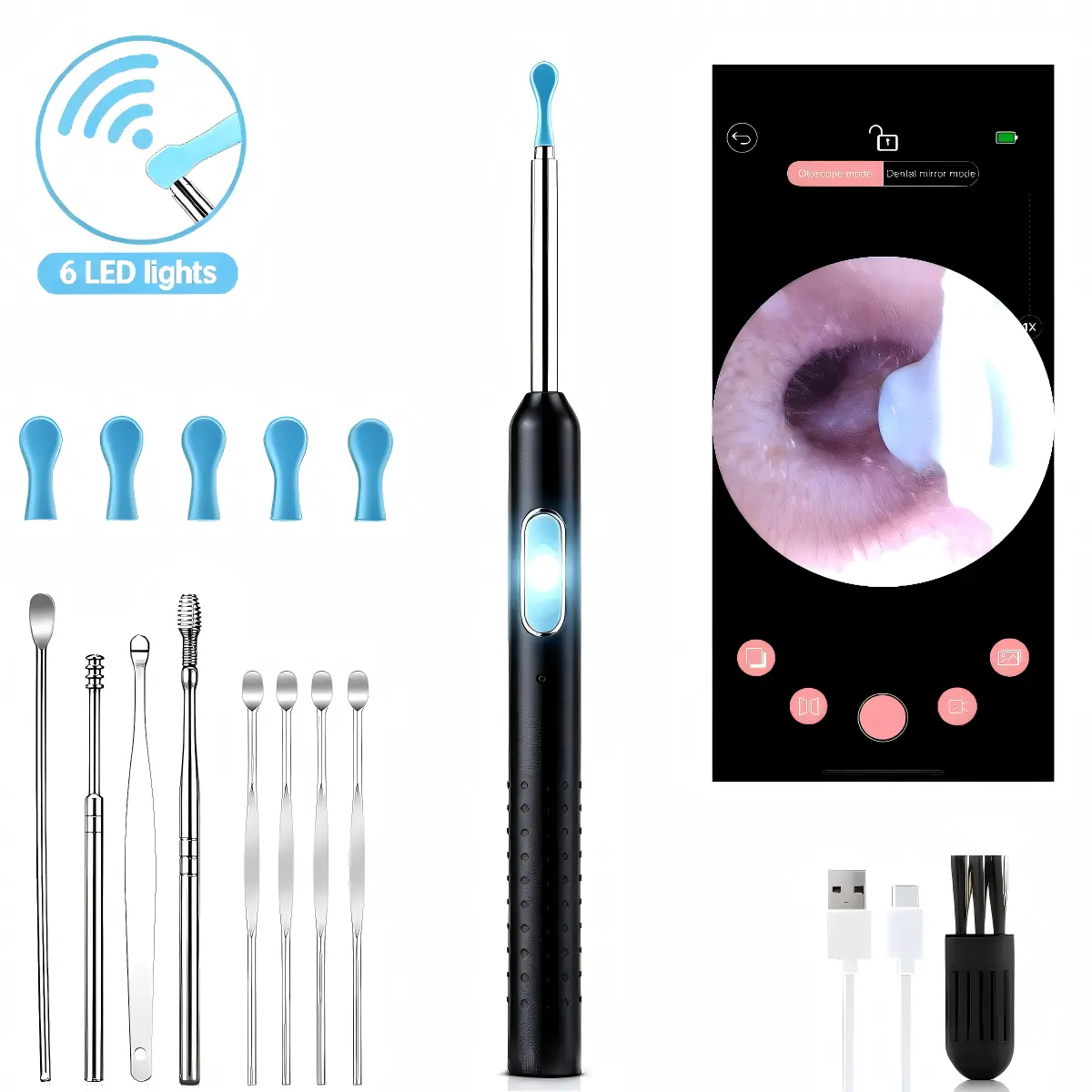 Manual Earwax Removal Kit, 9-Piece Set with 1080P HD Camera View, Rechargeable Tool, 6 Silicone Tips, Compact Travel Size, Safe Cleaning for Adults & Children