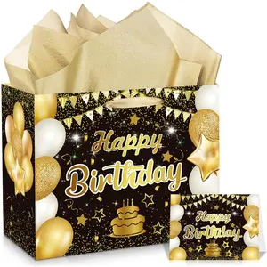 Black Birthday Bag - Large Happy Birthday Wrap Bag with Greeting Card & Tissue Paper for Men & Women Anniversary Birthday Party Favors