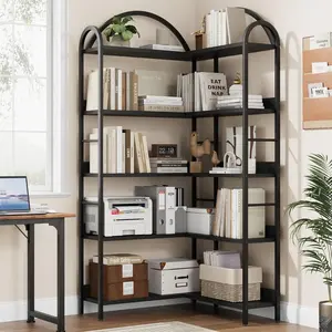 5-Tier Arched Wall Corner Bookshelf, 68.5" Tall L-Shaped Multi-Layer Large Bookcase with Metal Frame, Adjustable Ft, Anti-Tips & Arched Silhouette, Ideal for Living Room, Bedroom, Black