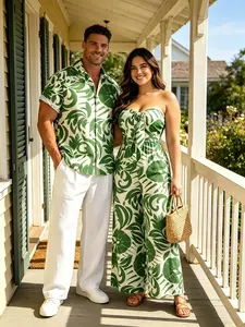 Vacation Couple Outfit Botanical Leaf Print Bowknot Off the Shoulder Jumpsuit and Shirt Set