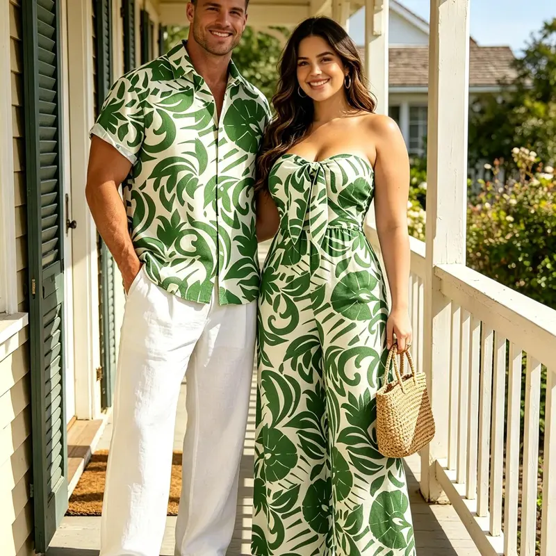 Vacation Couple Outfit Botanical Leaf Print Bowknot Off the Shoulder Jumpsuit and Shirt Set