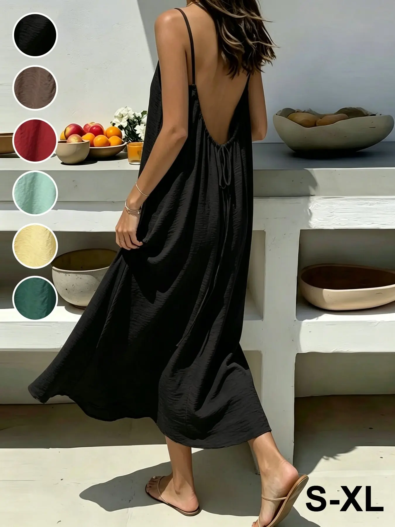 Summer New Resort Minimalist Style Casual Backless Drawstring Halter Sleeveless Dress, Deep Textured Loose A-Line Beachwear Long Dress, European and American Chic Fashion, Adjustable