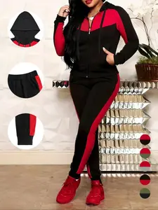 Two-Piece Set Women's Colorblock Zip Up Drawstring Hooded Jacket & Elastic Waist Pants, Casual Long Sleeve Hooded Outerwear & Pocket Trousers for Fall & Winter, Women's Clothes for Daily Wear