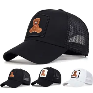 Unisex Cartoon Little Bear Logo Embroidery Baseball Mesh Cap Outdoor Adjustable Sunscreen Leisure Hat Travel Tourism Beach Vacation