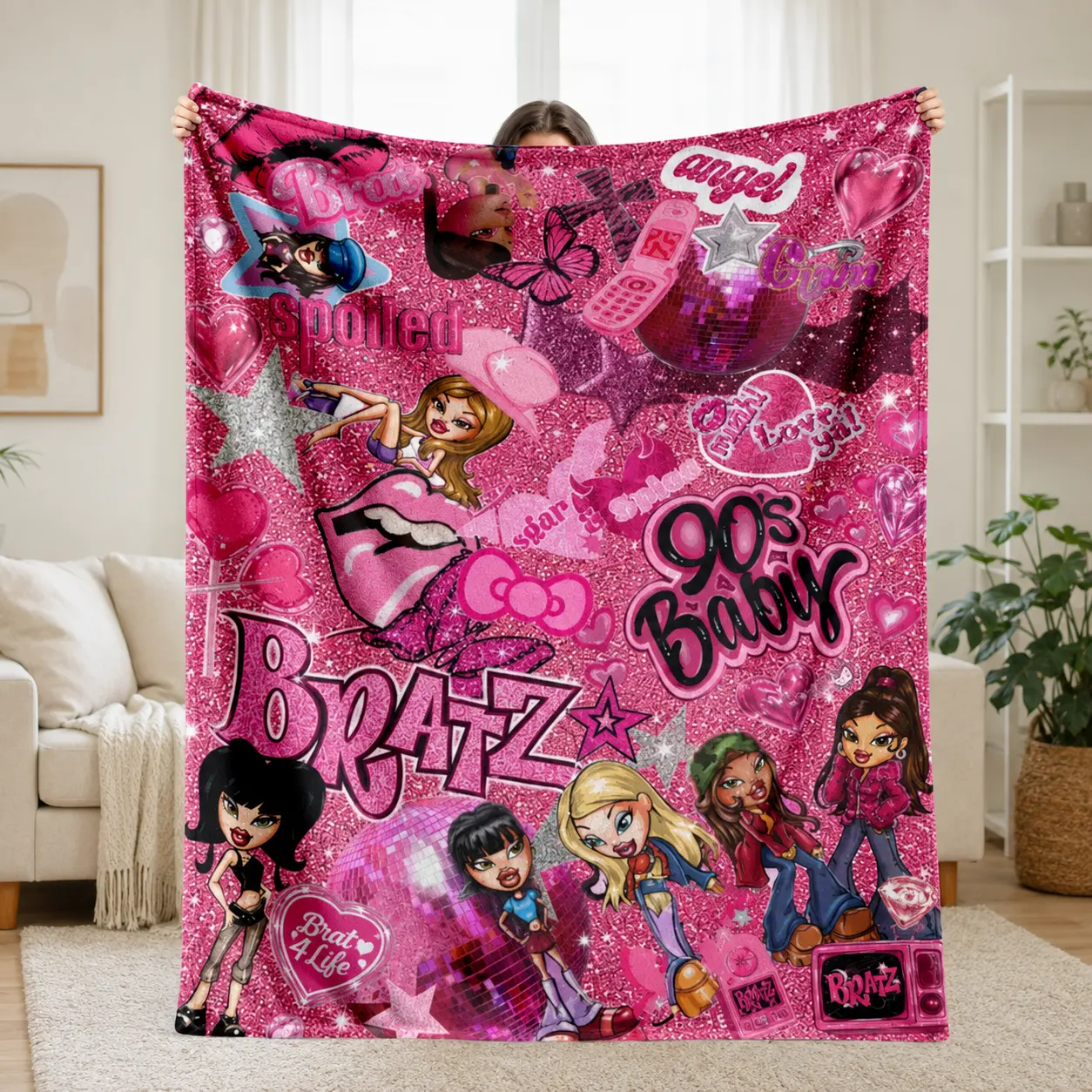 Y2K Pink Doll Aesthetic Flannel Throw Blanket, 2000s Retro Girly Graphic Soft Cozy Fleece Blanket, Cute Bedroom Dorm Couch Decor, Gift for Teens & Women
