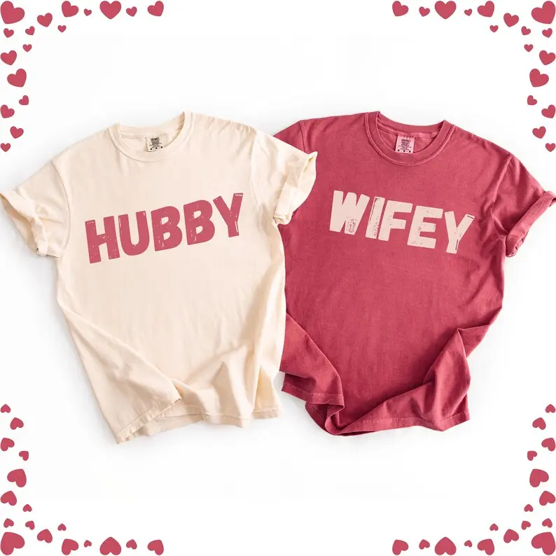 Comfort Colors Hubby Wifey Couple T-Shirt, Matching Valentines Day Shirt, Cute Couples Gift, Anniversary Gift for Him & Her, Trendy Anniversary Outfit