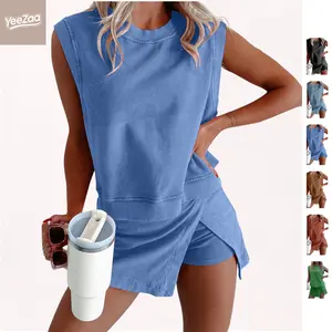 YeeZaa Athletic Skirt Sets Two Piece Skirt Sets for Women Summer Outfits Tennis Workout Shorts Lightweight Cotton Tank Top and Lined Split Skirt Travel Outfits Lounge Sets 2026 Spring Summer Casual Streetwear Sporty Chic Beach Vacation
