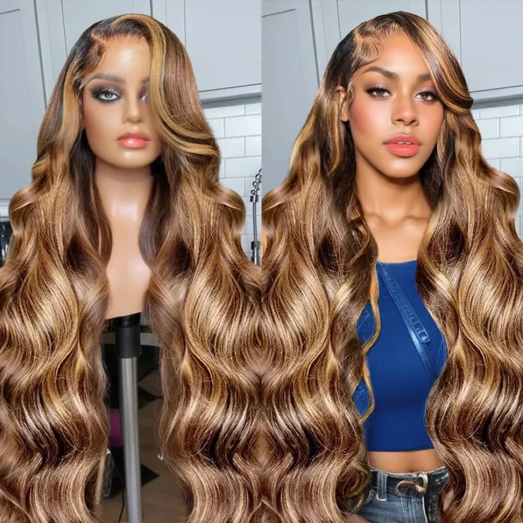 HAIRSW 5x5 Closure Wig Highlight Ombre Body Wave HD Lace Closure Wigs Human Hair for Women Balayage P4/27 Honey Blonde Wig Pre Plucked With Baby Hair 180% Glueless